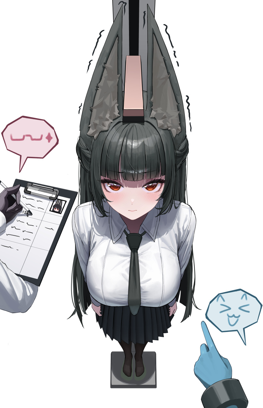 >_<, 3girls, absurdres, animal_ear_fluff, animal_ears, black_necktie, black_pantyhose, black_skirt, blue_skin, blunt_bangs, blush, breasts, clipboard, closed_mouth, collared_shirt, colored_skin, fox_ears, fox_girl, highres, holding, holding_clipboard, hoshimi_miyabi, large_breasts, long_hair, looking_at_viewer, measuring, multiple_girls, necktie, pantyhose, pleated_skirt, red_eyes, sagatin, shirt, skirt, soukaku_(zenless_zone_zero), stadiometer, standing, trembling, tsukishiro_yanagi, white_background, white_shirt, zenless_zone_zero