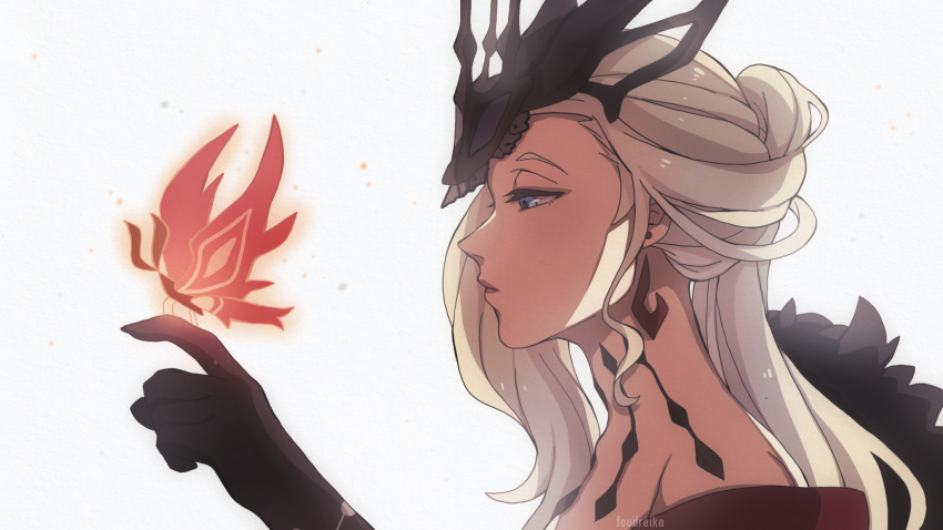 1girl, 1other, absurdres, artist_name, bare_shoulders, black_gloves, blonde_hair, blue_eyes
