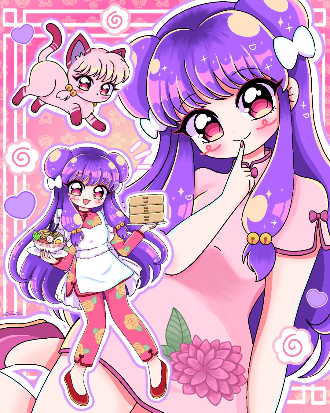 1girl, aikawaii, apron, bamboo_steamer, blush, bow, bowl, cat