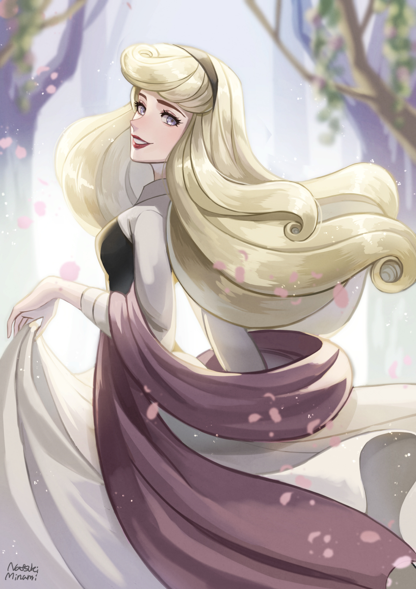 1girl, animification, aurora_(disney), blonde_hair, blue_eyes, disney, dress, hairband