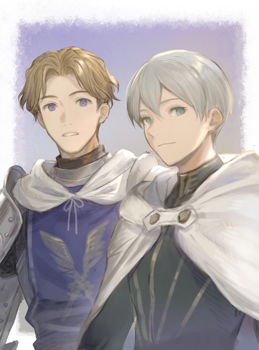 2boys, armor, black_robe, blue_tabard, brown_hair, cape, closed_mouth, commentary_request