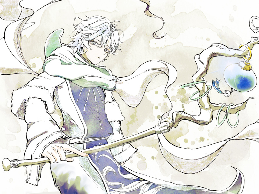 closed_mouth, fur_trim, highres, holding, holding_staff, jewelry, long_sleeves, looking_at_viewer