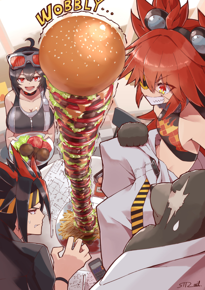 2boys, 2girls, animal_ears, anton_ivanov, bear_ears, ben_bigger, black_gloves, burger