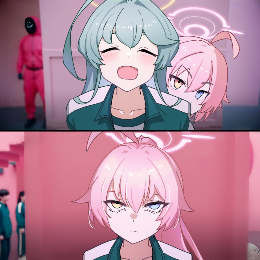 2girls, ahoge, bakaking, blue_archive, blue_eyes, blush, closed_eyes, closed_mouth