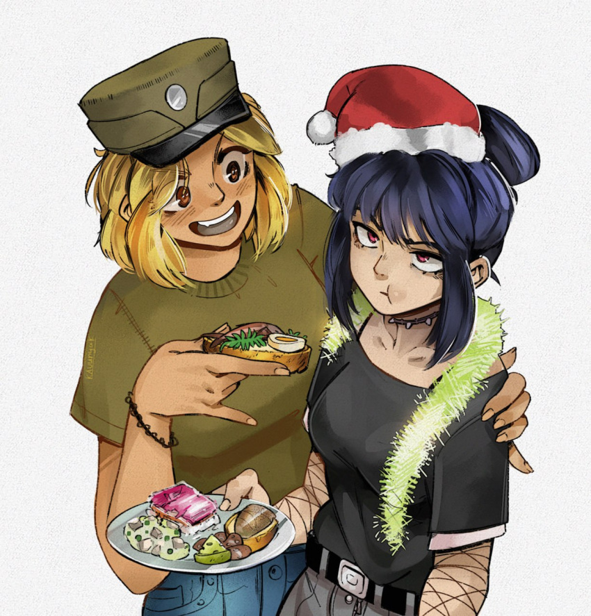 2girls, angry, blonde_hair, blue_hair, brown_eyes, choker, christmas, eva_(kavunyak)