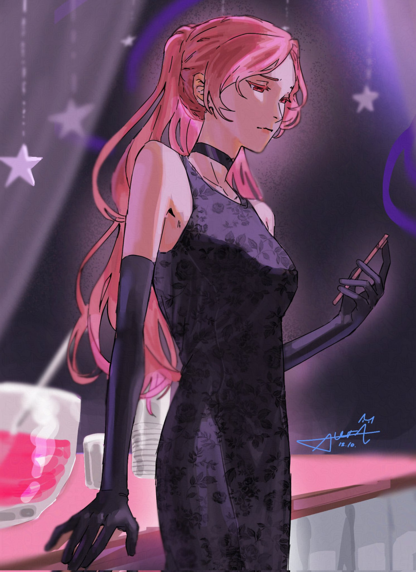 1girl, ateraisdum, bare_shoulders, black_choker, black_dress, black_gloves, blurry, blurry_background