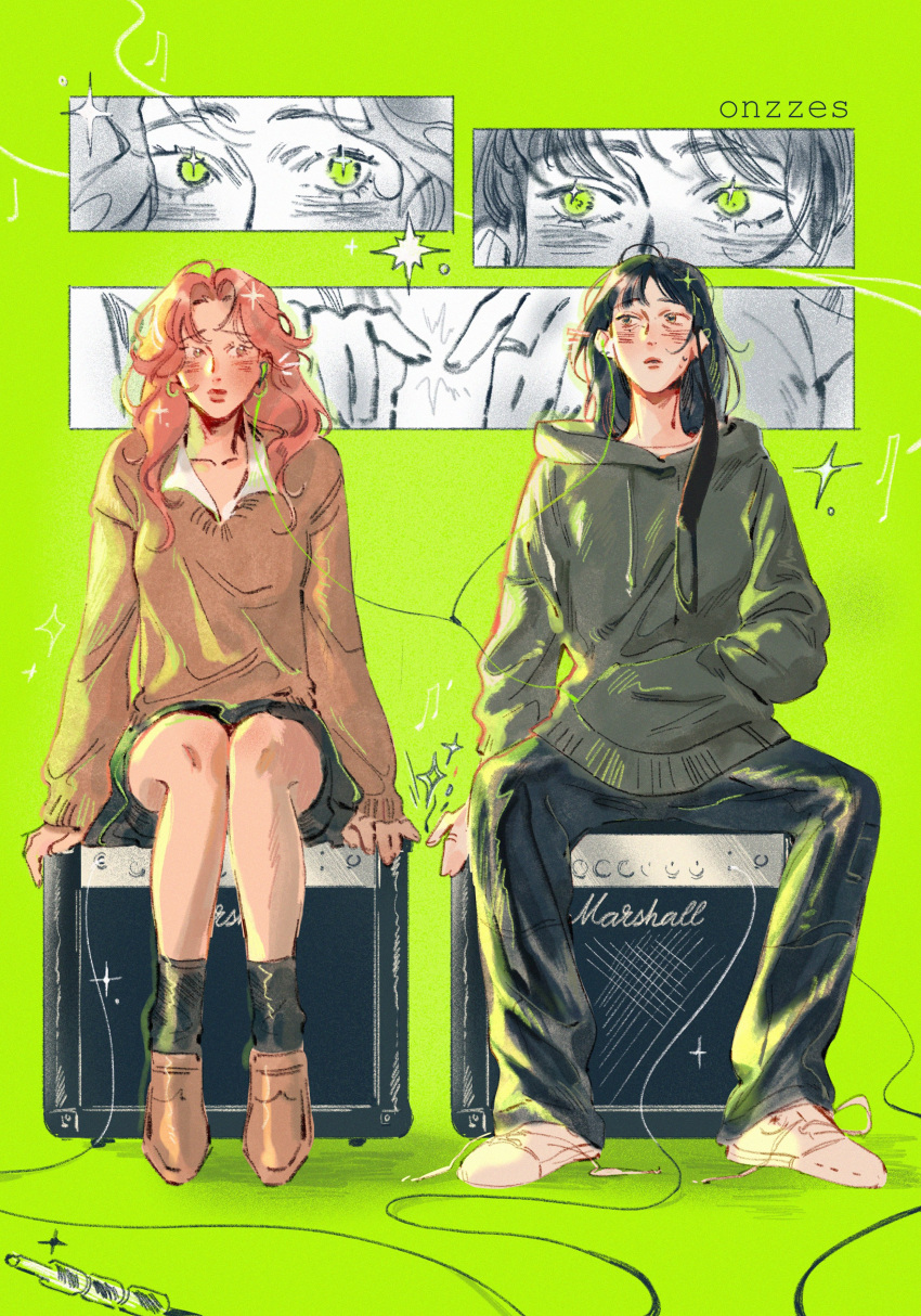 2girls, absurdres, amplifier, artist_name, beamed_eighth_notes, black_eyes, black_hair, black_skirt