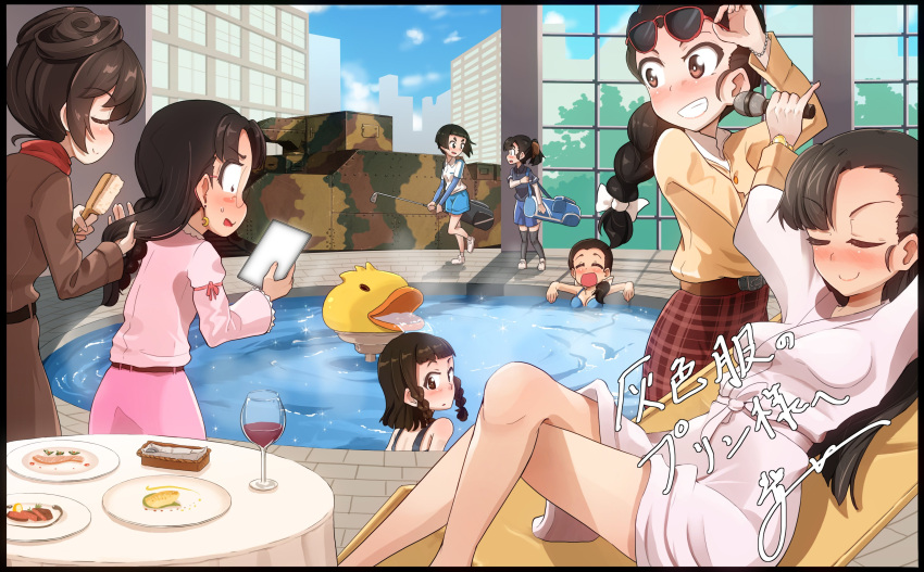 6+girls, absurdres, adjusting_eyewear, alternate_hairstyle, bare_legs, bathrobe, bikini, bird