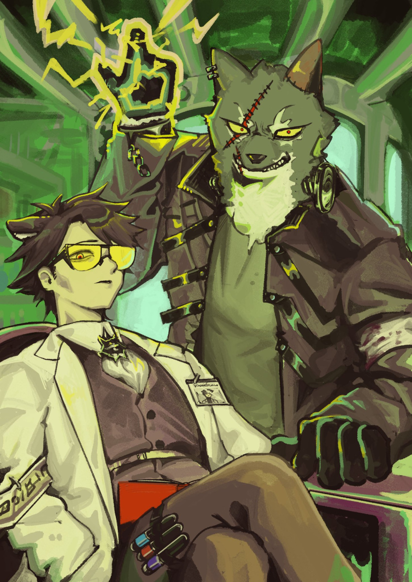 2boys, animal_ears, arknights, black_gloves, black_hair, black_jacket, black_shirt, black_vest