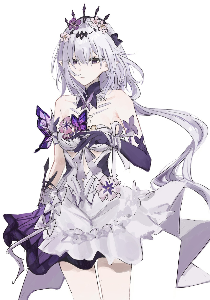 1girl, bare_shoulders, breasts, bright_pupils, bug, butterfly, castorice_(honkai:_star_rail), closed_mouth