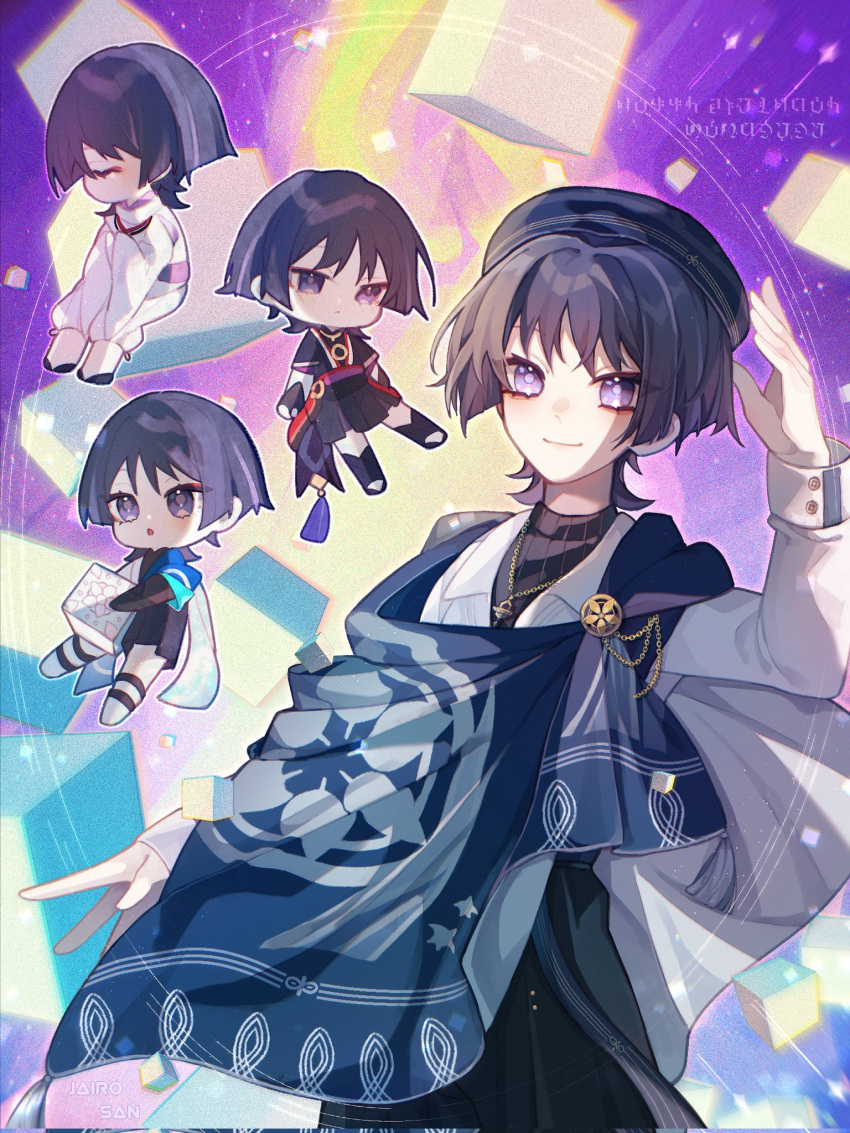 4boys, alternate_costume, animal_print, arm_at_side, armor, beret, bird_print, black_bodysuit