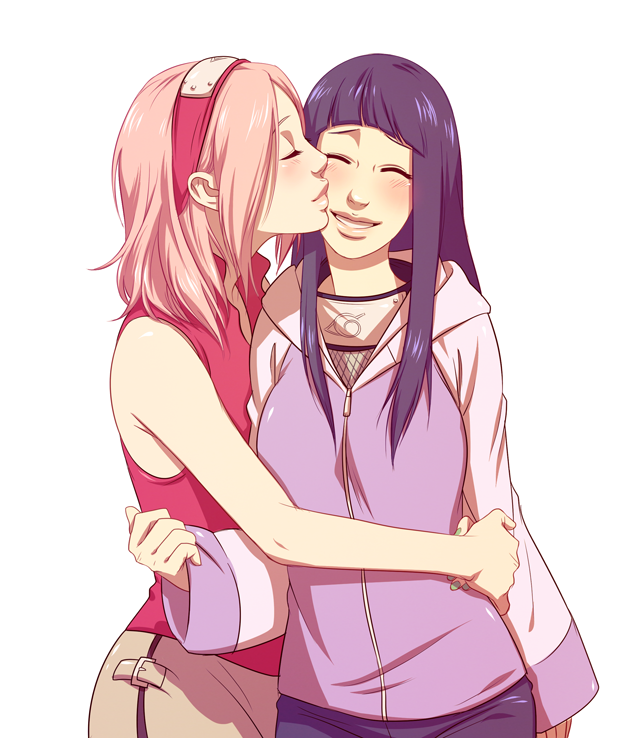 2girls, ^_^, black_hair, blush, closed_eyes, couple, eyes_closed, haruno_sakura, headband, hug, hyuuga_hinata, kiss, long_hair, multiple_girls, naruto, naruto_shippuuden, pink_hair, samurai-pet, short_hair, slj, smile, swj, yuri