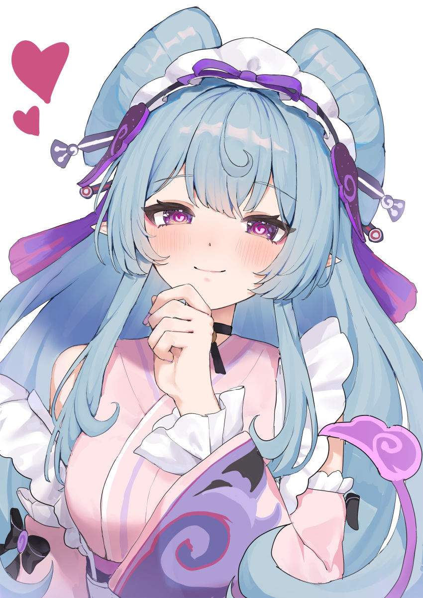 1girl, absurdres, black_choker, blue_hair, blush, choker, closed_mouth, detached_sleeves
