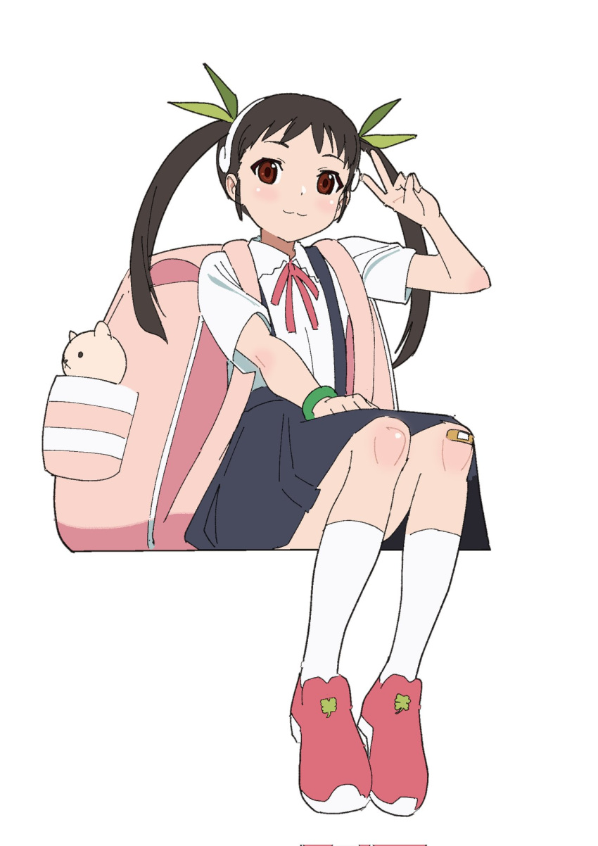1girl, backpack, bag, bakemonogatari, bandaid, bandaid_on_knee, bandaid_on_leg, black_hair