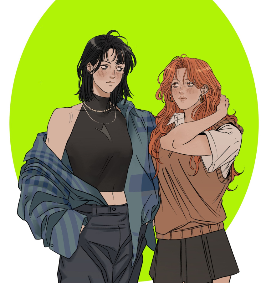 2girls, black_hair, black_shirt, black_skirt, blue_shirt, blush, brown_sweater_vest, closed_mouth