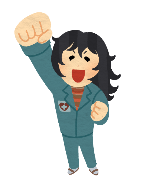 1girl, :d, adr3ki, anya_(mouthwashing), arm_up, bad_id, bad_twitter_id, black_hair, blue_jumpsuit, clenched_hands, cross, cross_print, determined, from_above, full_body, heart, heart_print, irasutoya, jumpsuit, lapels, long_hair, mifune_takashi_(style), mouthwashing, notched_lapels, nurse, open_mouth, parody, sandals, smile, socks, solid_oval_eyes, solo, standing, style_parody, sweater, v-shaped_eyebrows