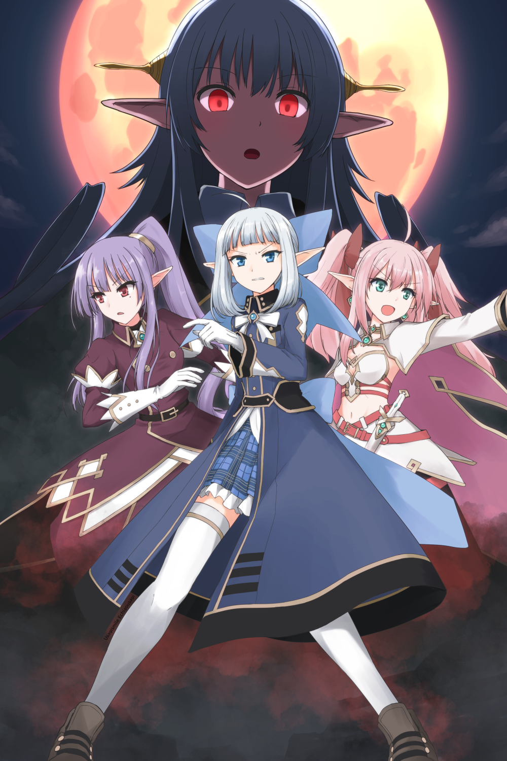 4girls, adelhied, beatrice_(kinki_no_magna), blue_bow, blue_eyes, blue_hair, blunt_bangs, bow