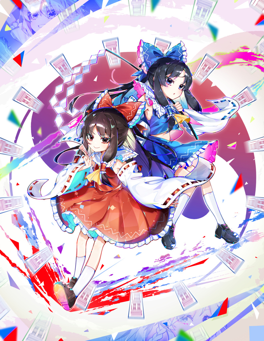 2girls, alternate_color, alternate_eye_color, ascot, bare_shoulders, between_fingers, black_footwear, black_hair