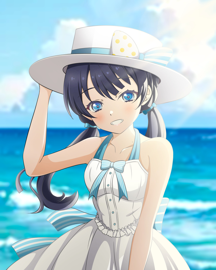 1girl, :d, absurdres, bare_shoulders, blue_eyes, blue_hair, blue_ribbon, blue_sky