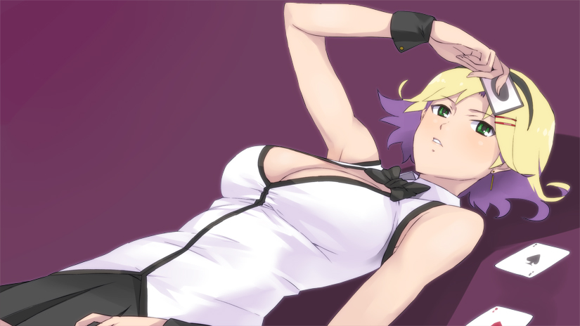 bare_shoulders, blonde_hair, bowtie, breasts, card, cards, cleavage, earrings, female, green_eyes, hair_ornament, hairband, hairclip, holding, holding_card, jack_hamster, jewelry, lying, lying_card, on_back, playing_card, playing_cards, purple_hair, rina_tachibana, shadow, short_hair, simple_background, solo, super_blackjack, two-tone_hair, wrist_cuffs