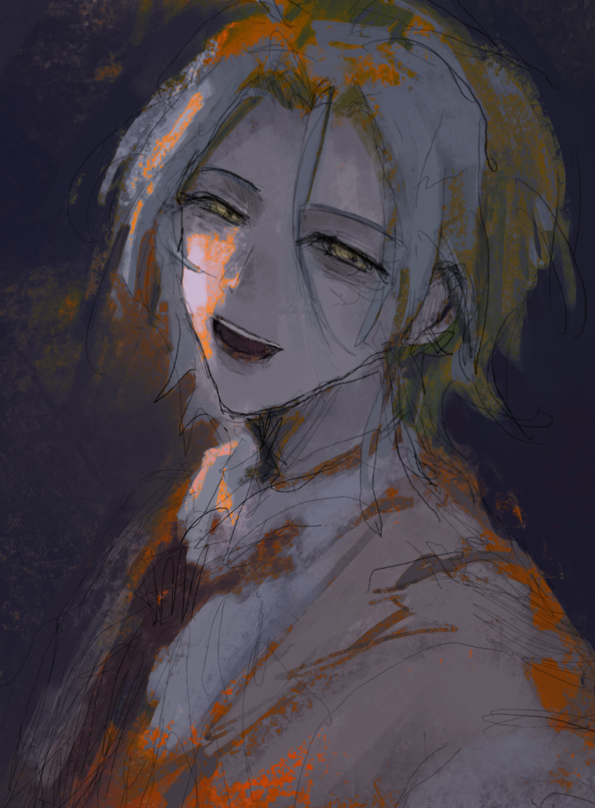 1boy, :d, black_necktie, blazer, blue_hair, brown_jacket, chew_x, dark