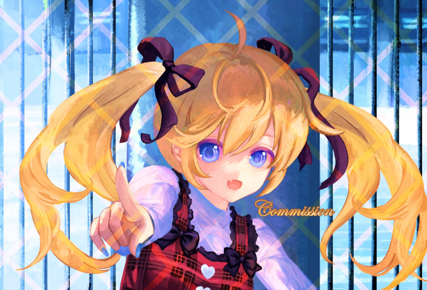 1girl, :d, ahoge, black_ribbon, blonde_hair, blue_bow, blue_eyes, blue_nails, bow, colored_eyelashes, commentary, commission, english_commentary, english_text, fang, grisaia_(series), grisaia_no_kajitsu, hair_between_eyes, hair_ribbon, highres, index_finger_raised, long_hair, long_sleeves, matsushima_michiru, nail_polish, open_mouth, pointing, pointing_at_viewer, ribbon, saayartworks, shirt, skin_fang, smile, solo, tareme, twintails, upper_body, white_shirt