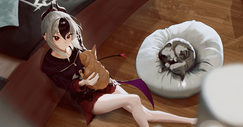 1girl, animal, bare_legs, black_hair, black_hoodie, blue_archive, cat, choker