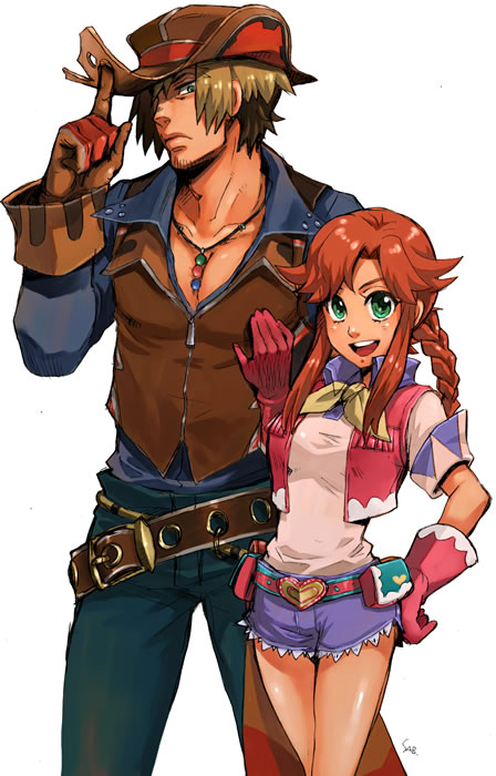 1girl, adjusting_hat, ahoge, belt, blonde_hair, braid, brown_hair, coat, couple, cowboy, cowboy_hat, denim, denim_shorts, frown, gloves, green_eyes, greg_russellberg, happy, hat, heart, jeans, jewelry, long_hair, multicolored_hair, necklace, necktie, open_mouth, payot, ponytail, rebecca_streisand, red_hair, redhead, ribbon, saburo, shirt, shorts, western, white_background, wild_arms, wild_arms_5