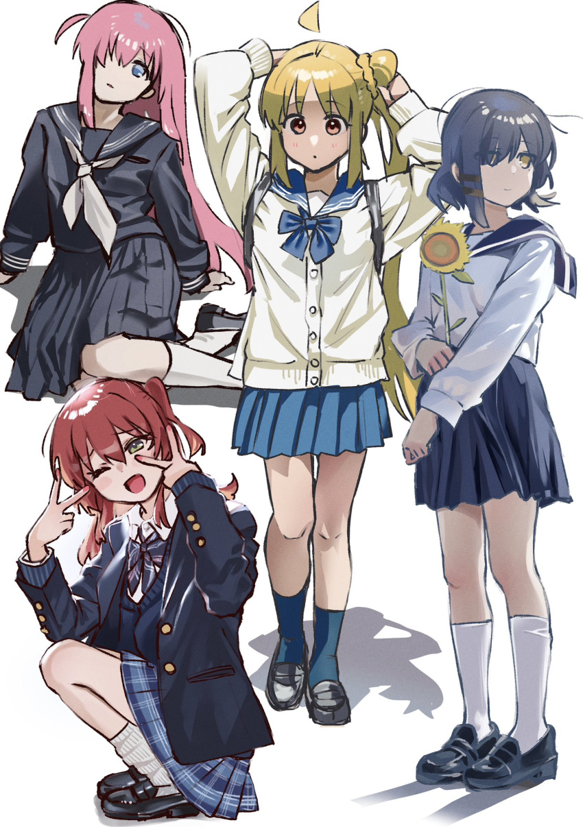 4girls, ahoge, alternate_costume, asymmetrical_hair, black_footwear, blonde_hair, blue_bow, blue_cardigan