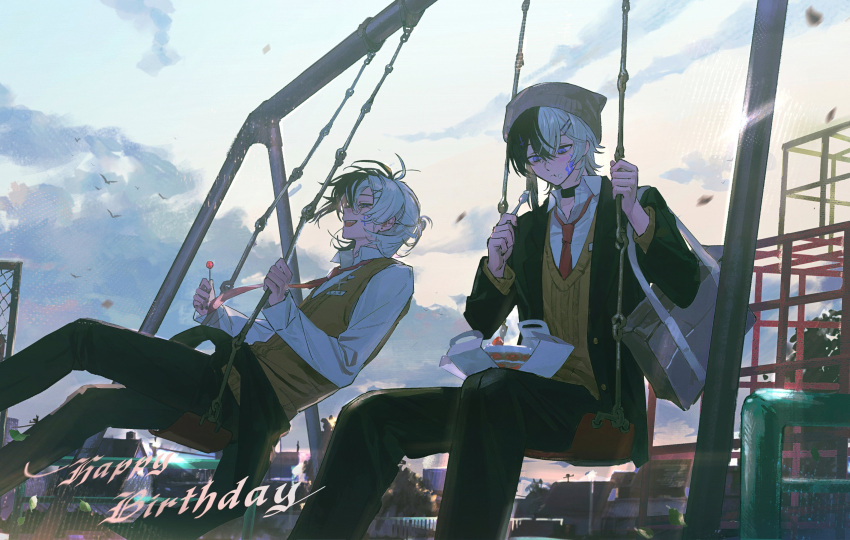 2boys, bag, black_choker, black_hair, black_jacket, black_pants, blue_eyes, cake, chenpeipeii, choker, chupa_chups, clothes_around_waist, clouds, cloudy_sky, collared_shirt, commission, crossed_bangs, eating, feet_out_of_frame, food, from_side, hair_ornament, hairpin, half_updo, hand_up, happy_birthday, highres, holding, holding_spoon, jacket, jacket_around_waist, jungle_gym, leaning_back, light_rays, long_sleeves, looking_at_another, looking_at_object, male_focus, medium_hair, multicolored_hair, multiple_boys, multiple_hairpins, name_tag, necktie, on_swing, original, outdoors, pants, playground, red_necktie, school_bag, school_uniform, shirt, short_hair, sideways_glance, sitting, sky, split-color_hair, spoon, strawberry_cake, sunlight, vest, white_hair, white_shirt, yellow_vest