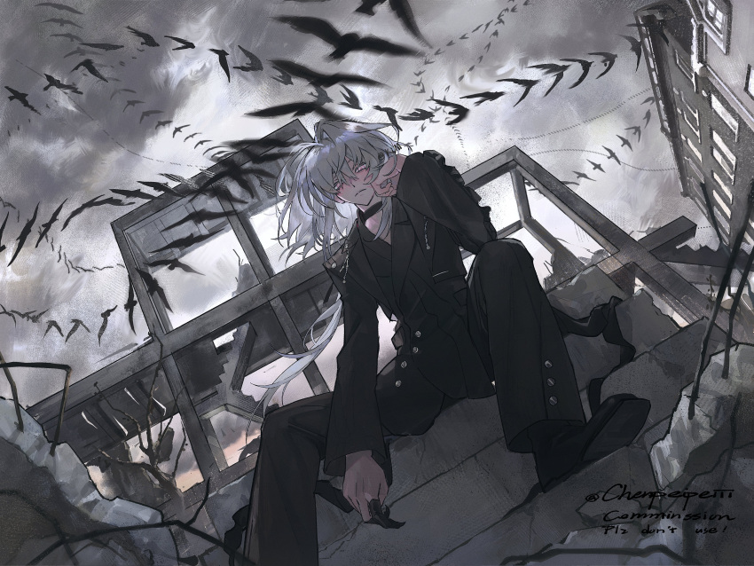 1boy, absurdres, artist_name, bird, black_choker, black_jacket, black_pants, blurry