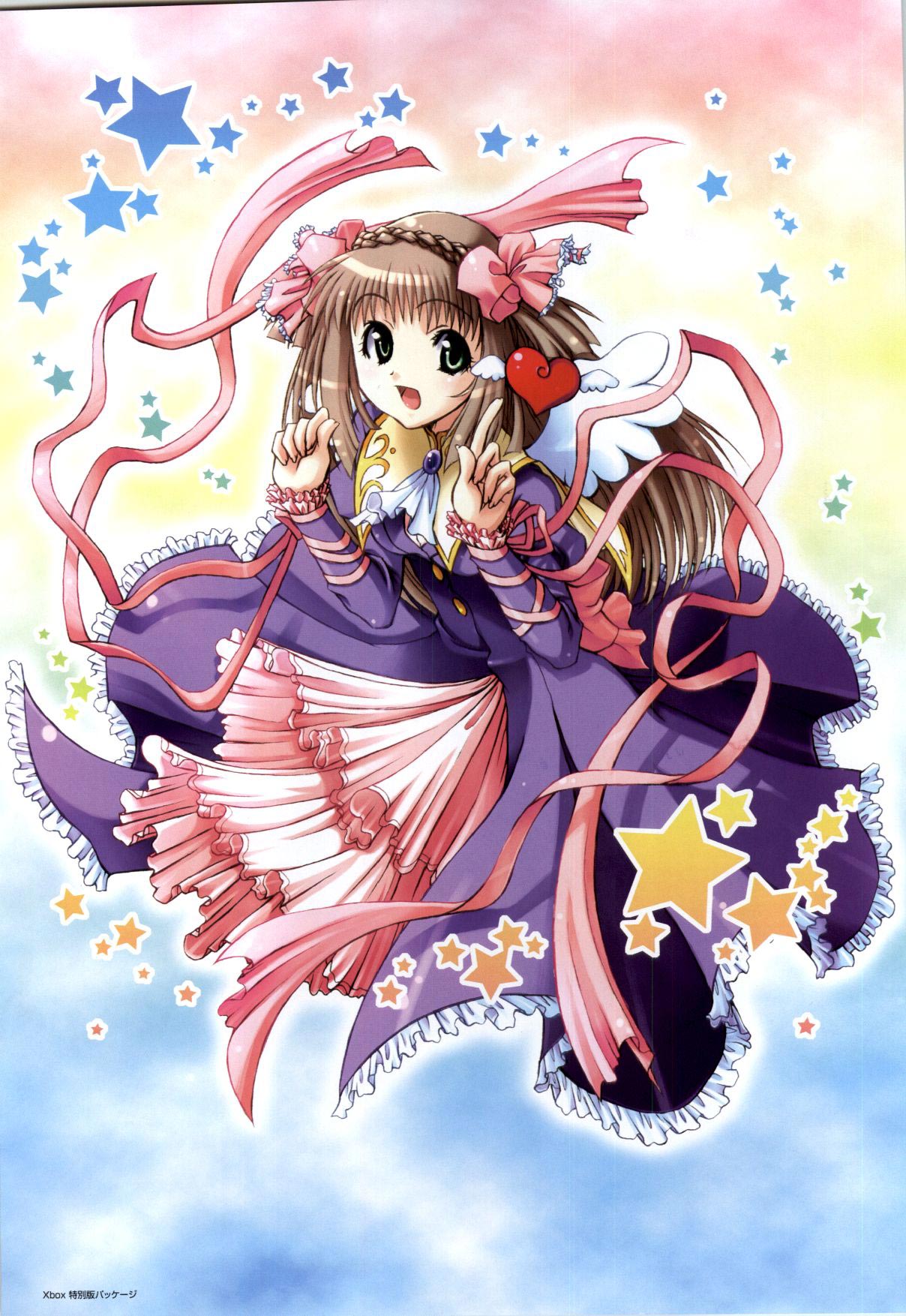 angel_wings, bistro_cupid, bow, braid, brown_hair, celery_periwinkle, dress, green_eyes