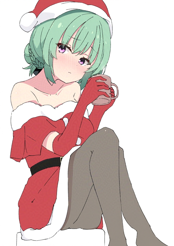 1girl, alternate_costume, bare_shoulders, belt, black_belt, black_pantyhose, blush, christmas, closed_mouth, collarbone, commentary, cup, dress, elbow_gloves, embarrassed, eyes_visible_through_hair, feet_out_of_frame, fur-trimmed_dress, fur_trim, gloves, green_hair, hair_between_eyes, hair_bun, hands_up, hat, holding, holding_cup, knees_up, looking_at_viewer, medium_hair, mug, nose_blush, off-shoulder_dress, off_shoulder, okaeru, pantyhose, pom_pom_(clothes), red_dress, red_gloves, santa_costume, santa_dress, santa_hat, simple_background, single_hair_bun, sitting, sketch, solo, takadate_orie, tenshi_souzou_re-boot!, tsurime, violet_eyes, white_background