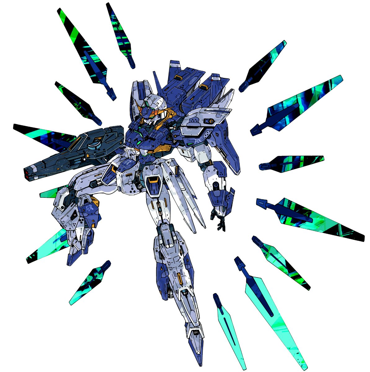 beam_rifle, buchi_holes, commentary_request, energy_gun, full_body, funnels_(gundam), green_eyes, gun