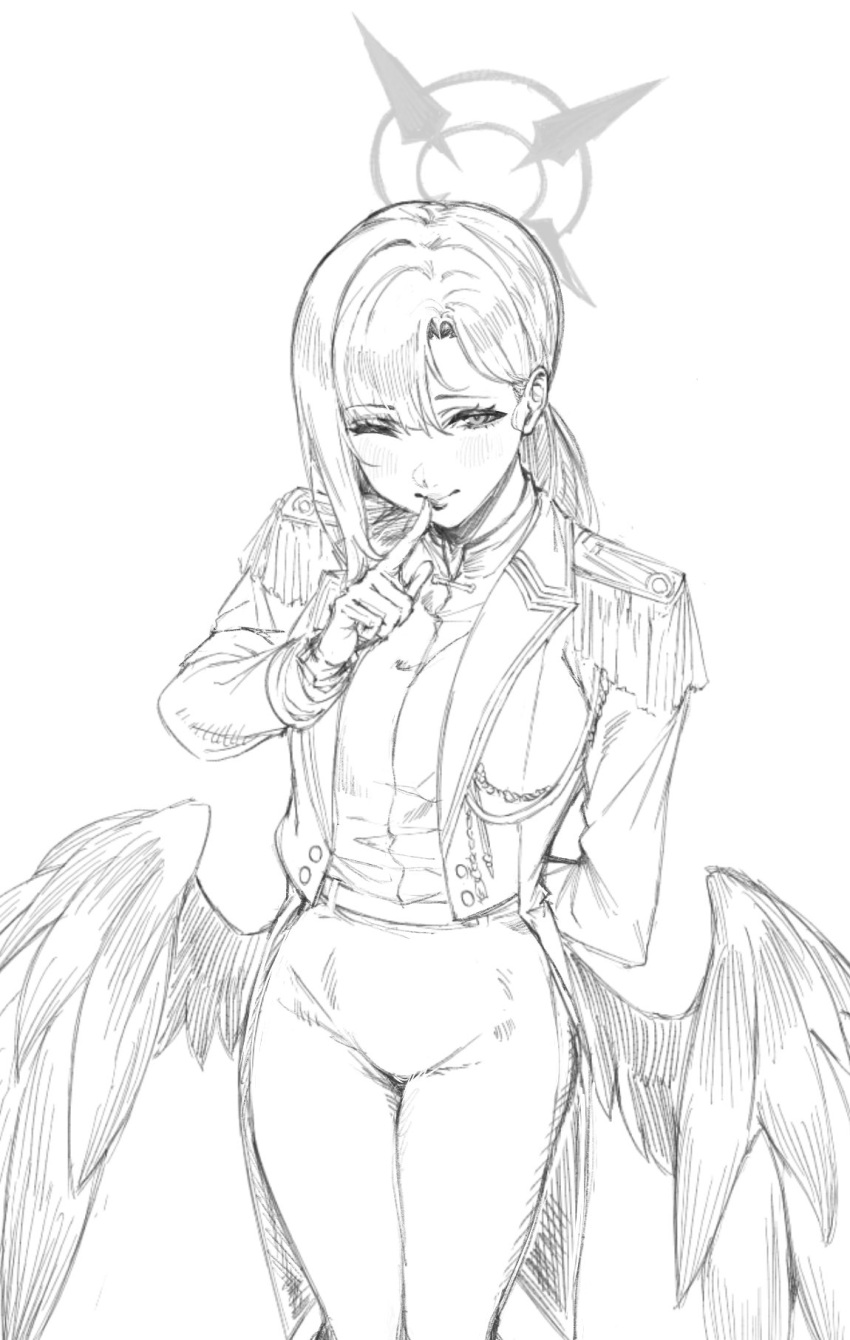 1girl, arm_behind_back, blue_archive, blush, epaulettes, feathered_wings, finger_to_mouth, greyscale