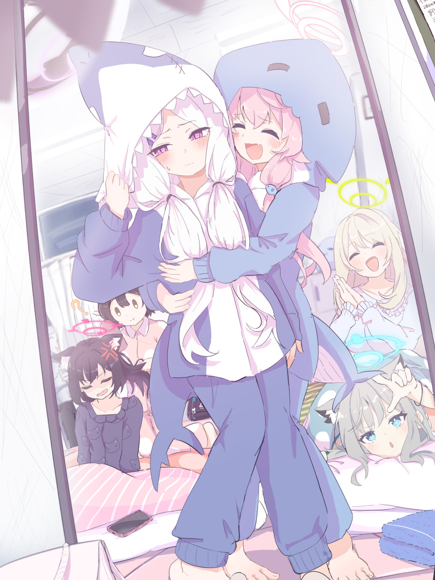 6+girls, absurdres, alternate_costume, animal_costume, animal_ears, ayane_(blue_archive), black_hair, blonde_hair, blue_archive, blue_eyes, blush, bright_pupils, cat_ears, cat_girl, closed_eyes, closed_mouth, commentary_request, cosplay, fang, foreclosure_task_force_(blue_archive), grey_hair, halo, highres, hina_(blue_archive), hoshino_(blue_archive), indoors, kigurumi, mismatched_pupils, multiple_girls, nonomi_(blue_archive), not_seven777, open_mouth, pajamas, pink_hair, pink_halo, serika_(blue_archive), shark_costume, shiroko_(blue_archive), skin_fang, violet_eyes, white_hair, white_pupils
