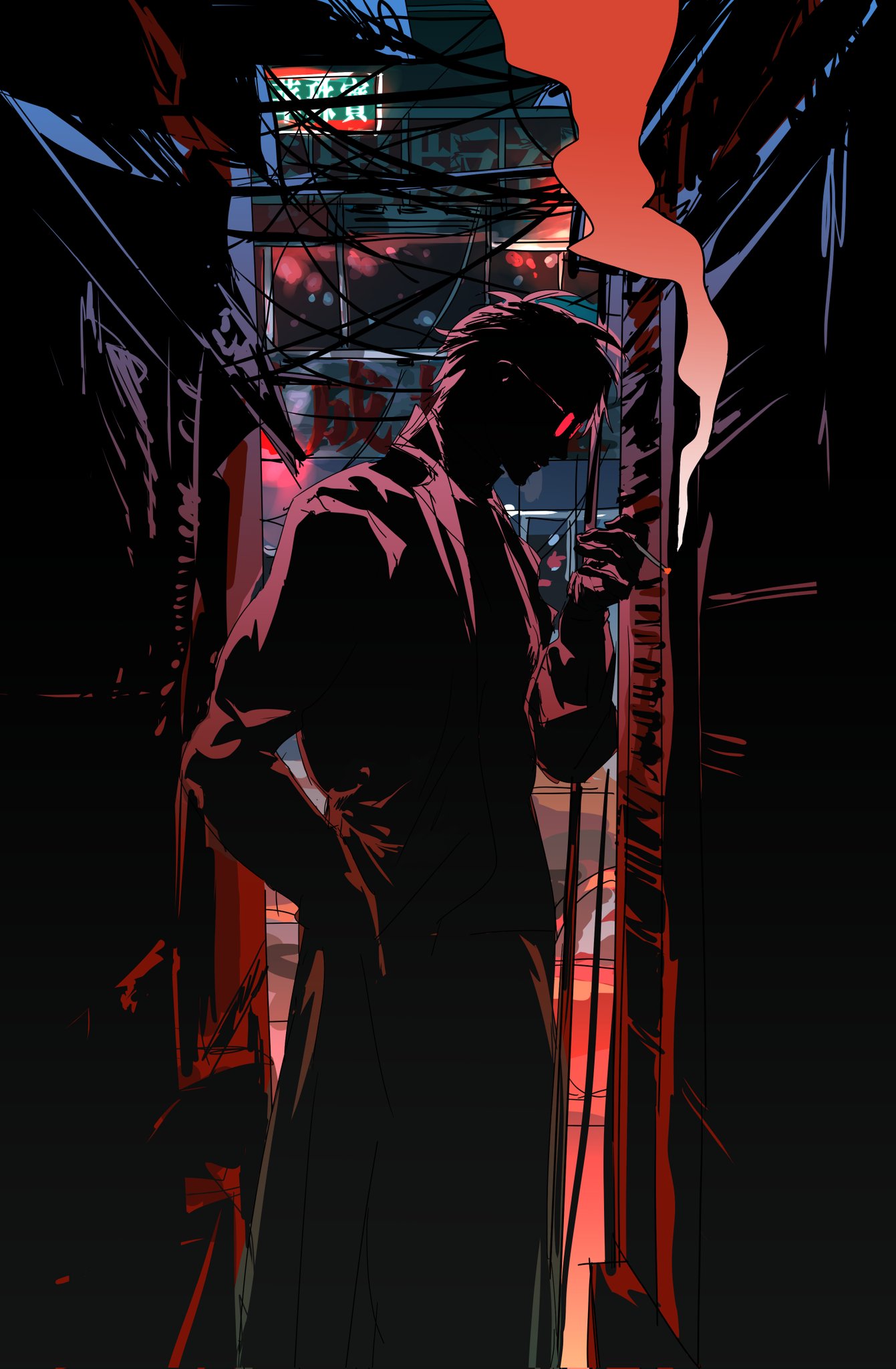 1boy, alley, building, cigarette, coat, cowboy_shot, dark, from_side, hand_in_pocket, hand_up, highres, holding, holding_cigarette, male_focus, original, outdoors, pants, red_light, shadow, short_hair, smoke, standing, sunglasses, unio1001