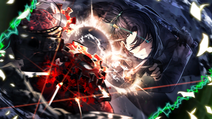 1boy, 1other, black_coat, black_eyes, black_hair, black_necktie, black_pants, blue_eyes