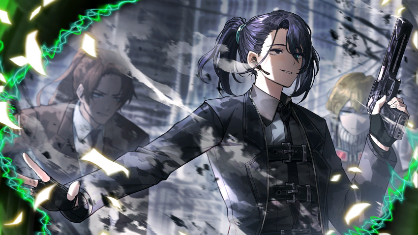 3boys, black_coat, black_eyes, black_hair, black_necktie, black_sleeves, black_suit, blonde_hair
