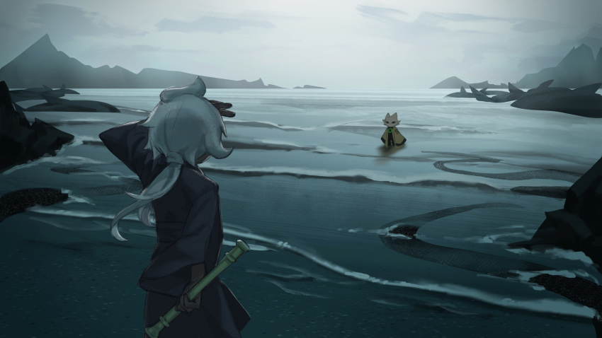 2boys, aged_up, beach, cat_boy, chinese_clothes, chinese_commentary, commentary_request, furry