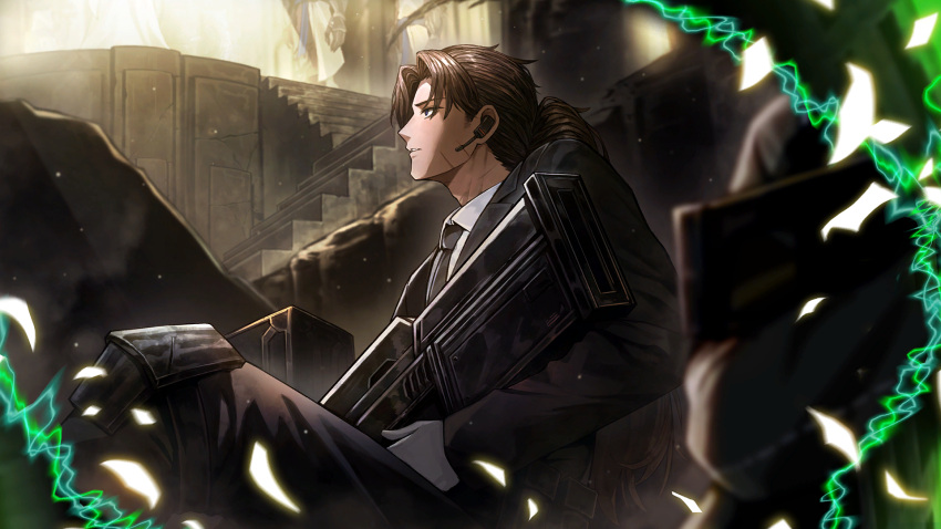 1boy, 3others, belt_pouch, black_necktie, black_suit, brown_hair, collared_shirt, dark-skinned_male