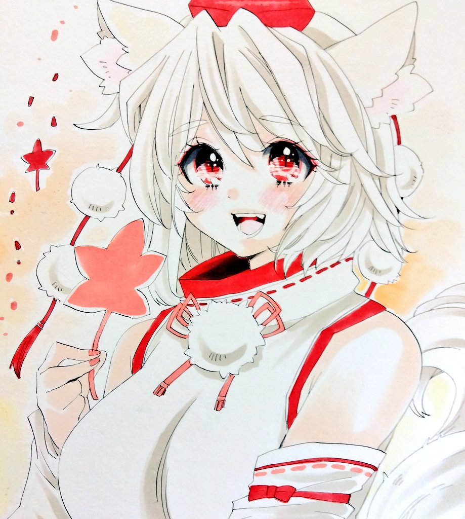1girl, animal_ear_fluff, animal_ears, blush, brown_background, commentary, detached_sleeves, falling_leaves