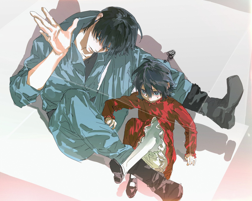 1boy, 1girl, age_difference, ankle_boots, belt, black_belt, black_eyes, black_footwear