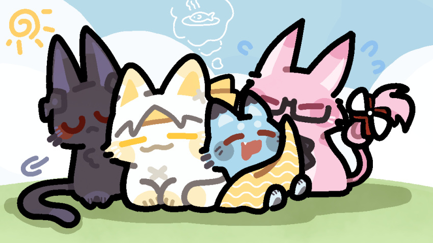 animal, asaba_harumasa, asaba_harumasa_(cat), black_cat, blue_cat, blue_sky, cat, closed_eyes, closed_mouth, fang, fish, fulamingo, glasses, grass, hoshimi_miyabi, hoshimi_miyabi_(cat), open_mouth, pink_cat, shadow, sigh, sitting, sky, smile, soukaku_(cat), soukaku_(zenless_zone_zero), speech_bubble, sun, thought_bubble, tsukishiro_yanagi, tsukishiro_yanagi_(cat), variant_set, white_cat, zenless_zone_zero