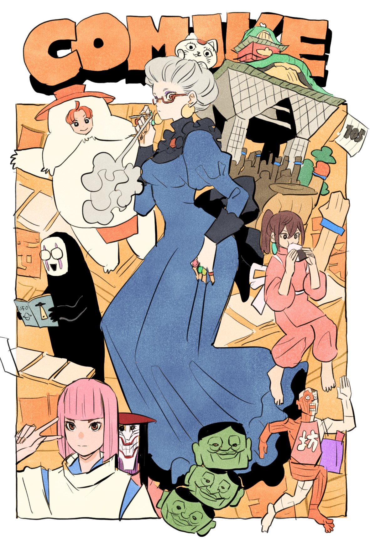 3girls, 4boys, acrobatic_silky_(dandadan), ayase_momo, ayase_seiko, black_hair, blue_dress, bob_cut