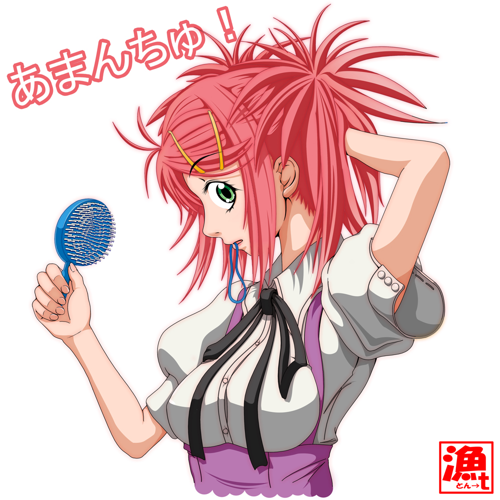 amanchu!, asaruton, brush, dressing, green_eyes, mouth_hold, ninomiya_ai, pink_hair