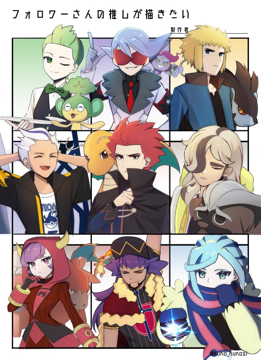 1girl, 6+boys, ;), arms_behind_head, arven_(pokemon), black_cape, black_hat, blonde_hair