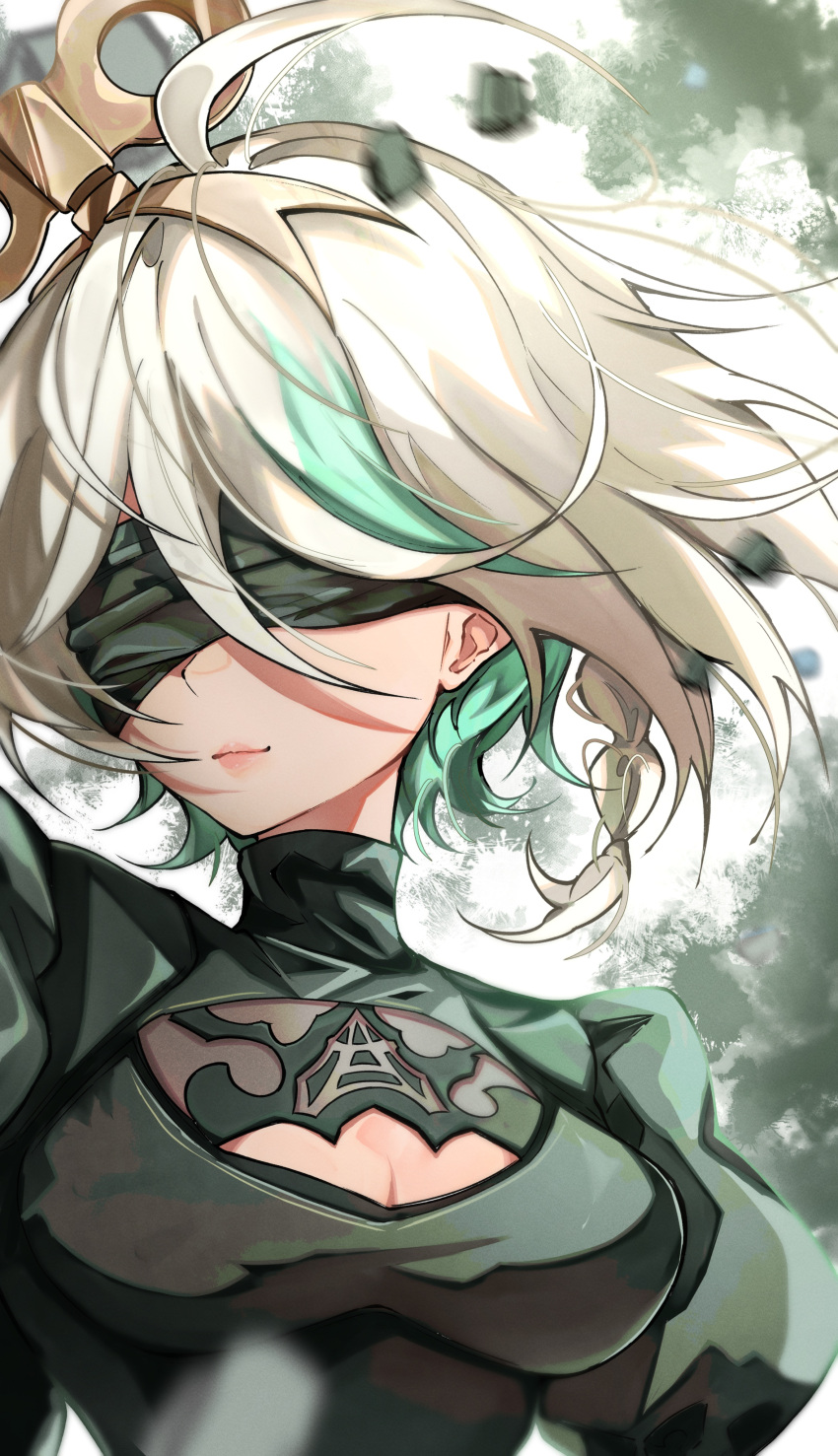 2b_(nier:automata), 2b_(nier:automata)_(cosplay), absurdres, black_blindfold, blindfold, cecilia_immergreen, cleavage_cutout, clothing_cutout
