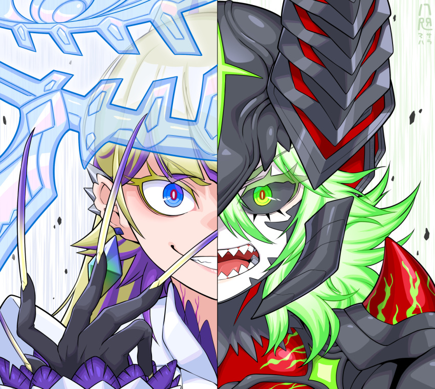 2girls, black_gloves, black_sclera, blue_eyes, colored_sclera, crazy_smile, demon_horns, diabellstar_the_black_witch
