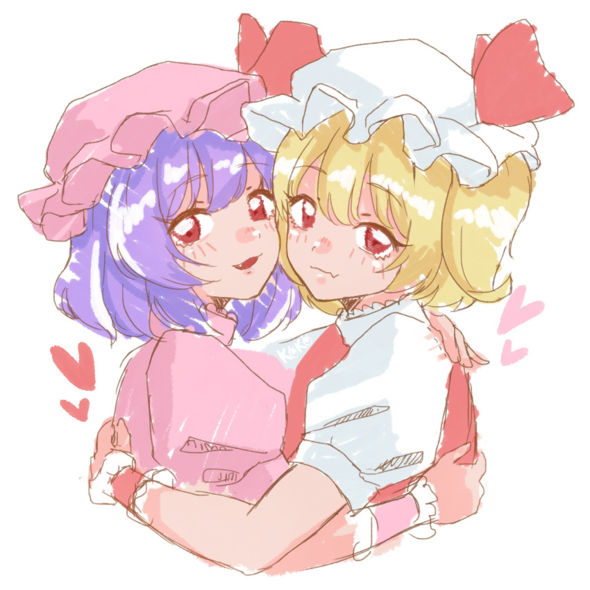 0002koko, 2girls, blonde_hair, blush, dress, fang, flandre_scarlet, hair_between_eyes, hat, heart, highres, hug, medium_hair, mob_cap, multiple_girls, pink_dress, purple_hair, red_eyes, red_vest, remilia_scarlet, shirt, short_sleeves, siblings, side_ponytail, skin_fang, smile, touhou, upper_body, vest, white_shirt